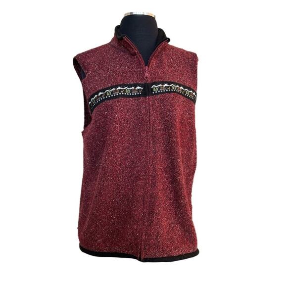 Woolrich Vintage Ruby Cotton Sweater Vest Full Zip Burgundy Christmas Scene XL - Picture 2 of 13